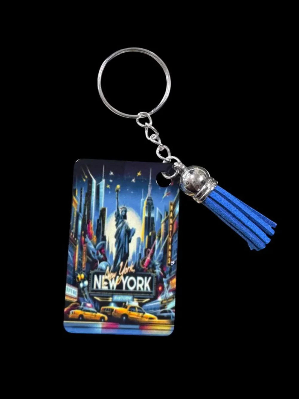 New York City Souvenir Keychain, Metal, with Blue Tassel Charm, Statue of Libert